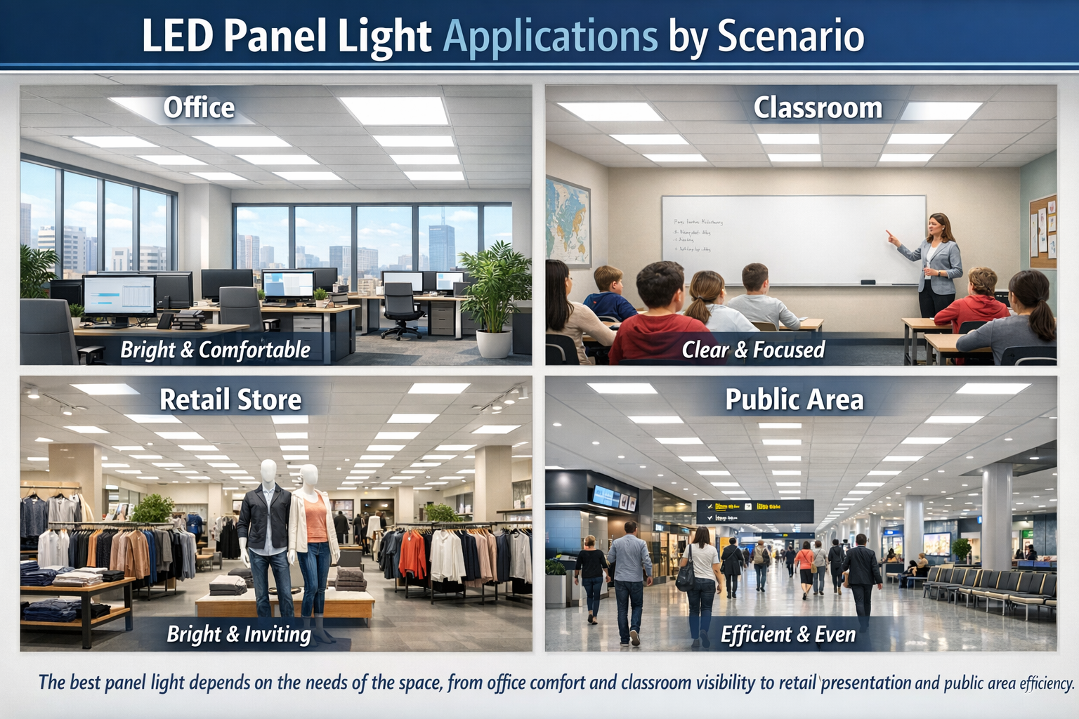 LED Panel Light Applications by Scenario Comparison of LED panel light applications for office, classroom, retail, and public area lighting