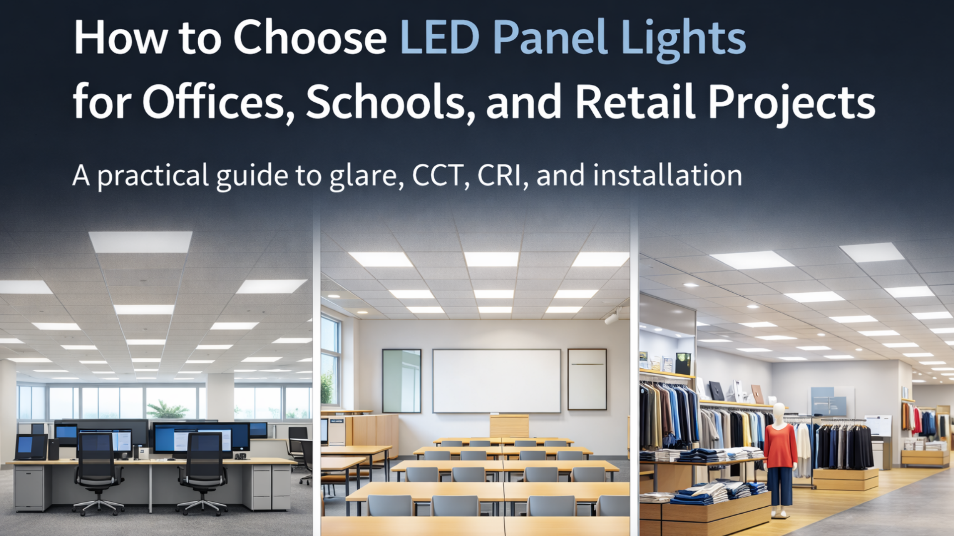 LED Panel Lights for Offices, Schools, and Retail Projects Commercial lighting banner showing LED panel light applications in office, classroom, and retail spaces