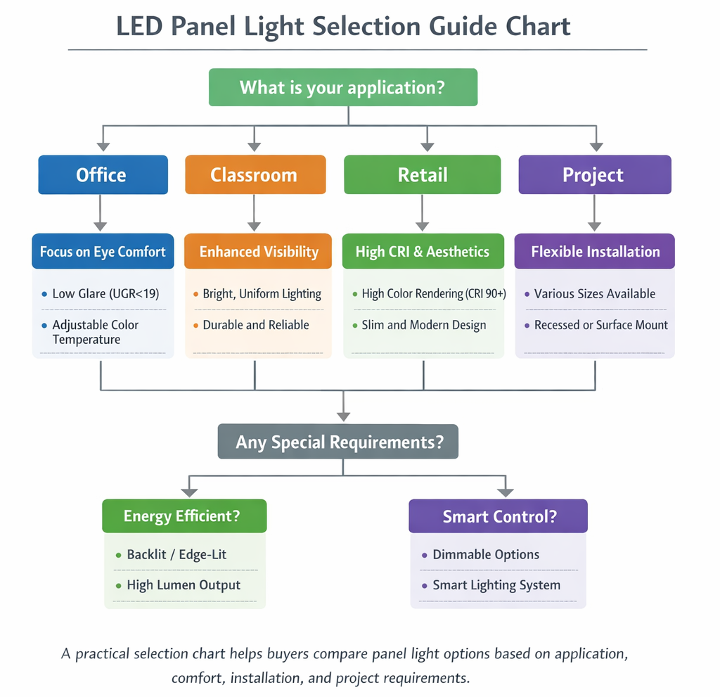 LED Panel Light Selection Guide Chart Decision chart showing how to choose LED panel light solutions for office, classroom, retail, and project applications