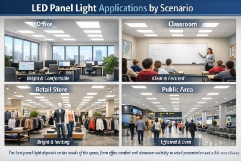LED Panel Light Applications by Scenario Comparison of LED panel light applications for office, classroom, retail, and public area lighting