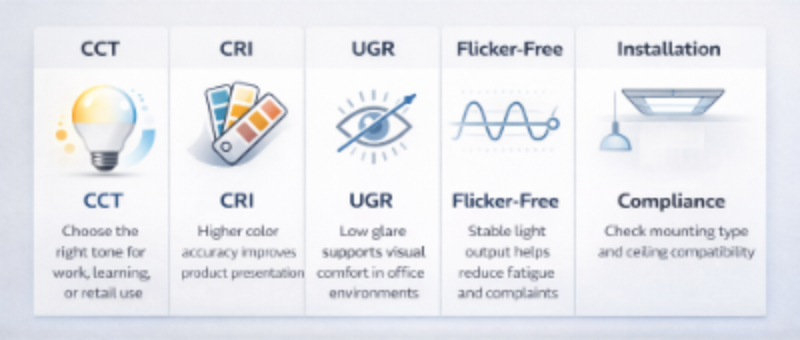 Key Factors for Choosing LED Panel Lights Infographic showing CCT, CRI, UGR, flicker-free performance, installation type, and compliance for LED panel lights