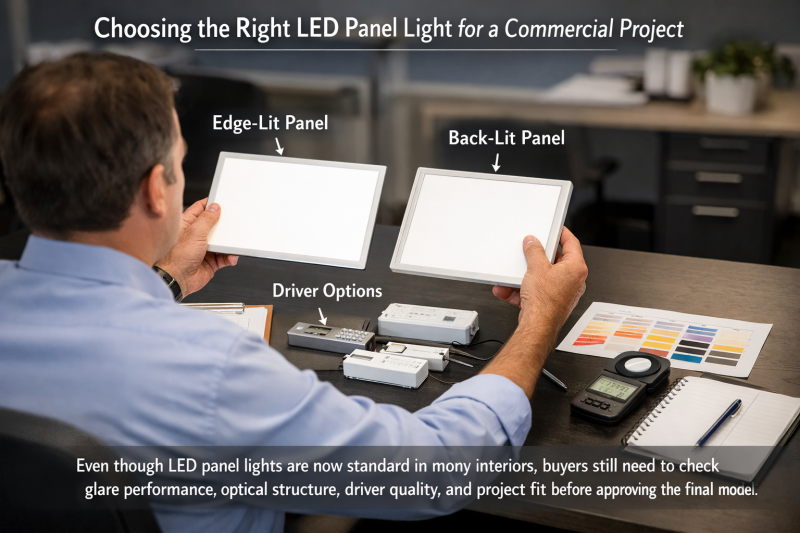Choosing the Right LED Panel Light for a Commercial Project Commercial lighting buyer reviewing LED panel light samples, driver options, and edge-lit versus back-lit specifications for an office project