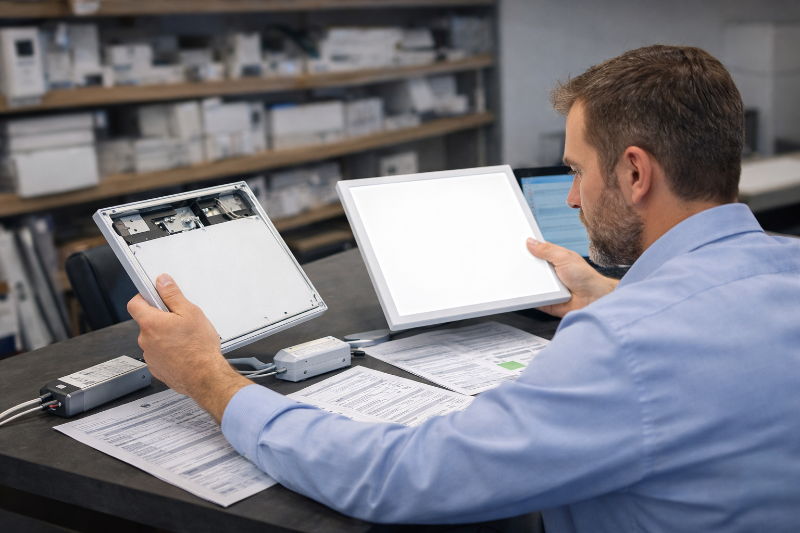 Evaluating OEM and ODM Lighting Samples for a Commercial Project Commercial lighting buyer comparing OEM custom sample and ODM standard product while reviewing drivers, specifications, and compliance files