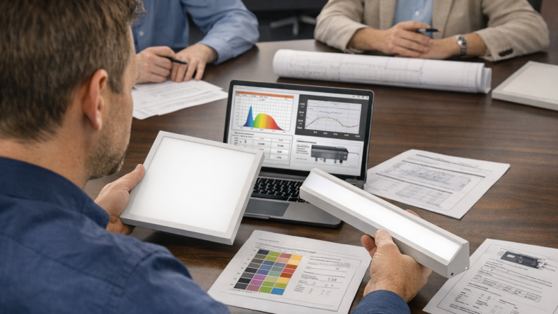 Commercial Lighting Buyer Reviewing UGR CRI and Flicker-Free Performance Commercial lighting buyer comparing panel and linear fixture samples while checking glare control color quality and driver data in a project meeting