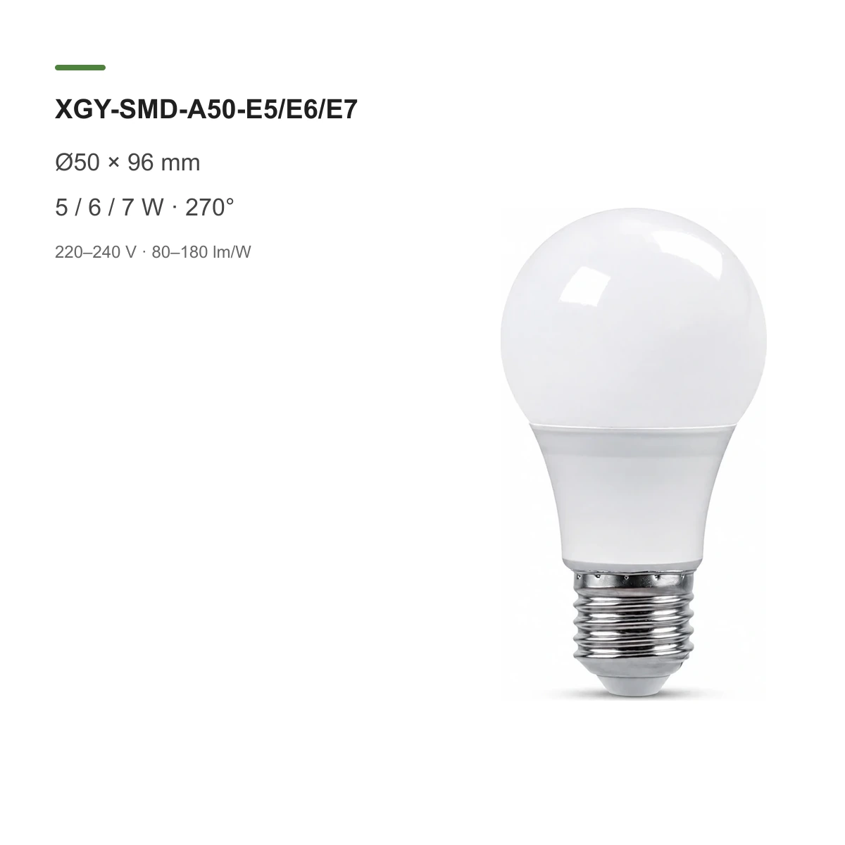A50 LED SMD bulb models with dimensions and power options