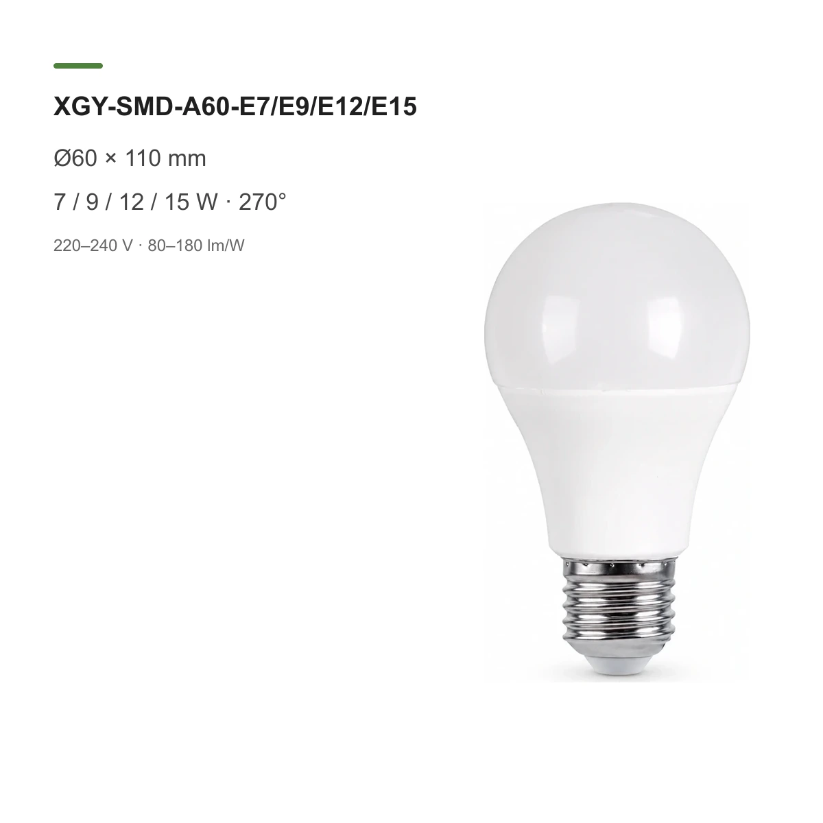 A60 LED SMD bulb models with dimensions and power options