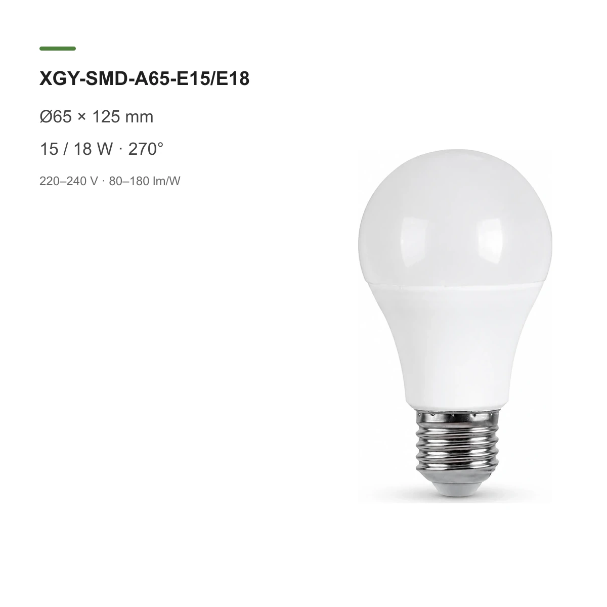 A65 LED SMD bulb models with dimensions and power options