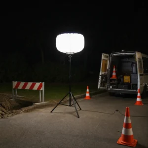 XGYBL-240W tripod LED balloon light illuminating a nighttime roadwork area