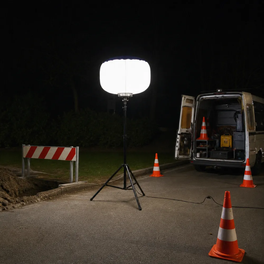 XGYBL-240W tripod LED balloon light illuminating a nighttime roadwork area
