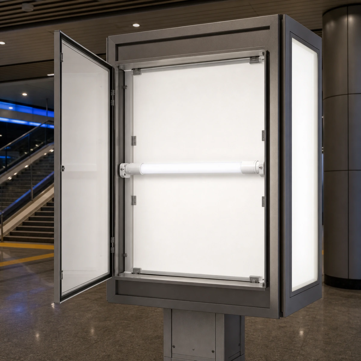 360-degree double-sided T8 LED tube secured between two G13 holders inside a double-sided lightbox