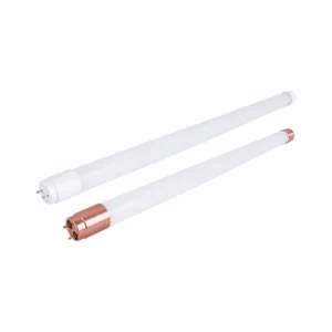 SASO T8 LED glass tubes with white and copper-colour end caps on white background