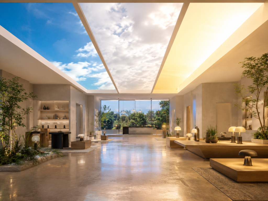 Ceiling panels showing blue sky, clouds and warm sunlight effects