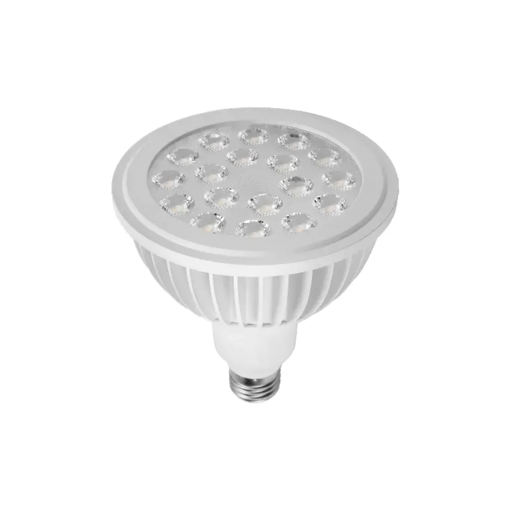 PAR38 horticultural LED bulb with finned reflector housing on a white background