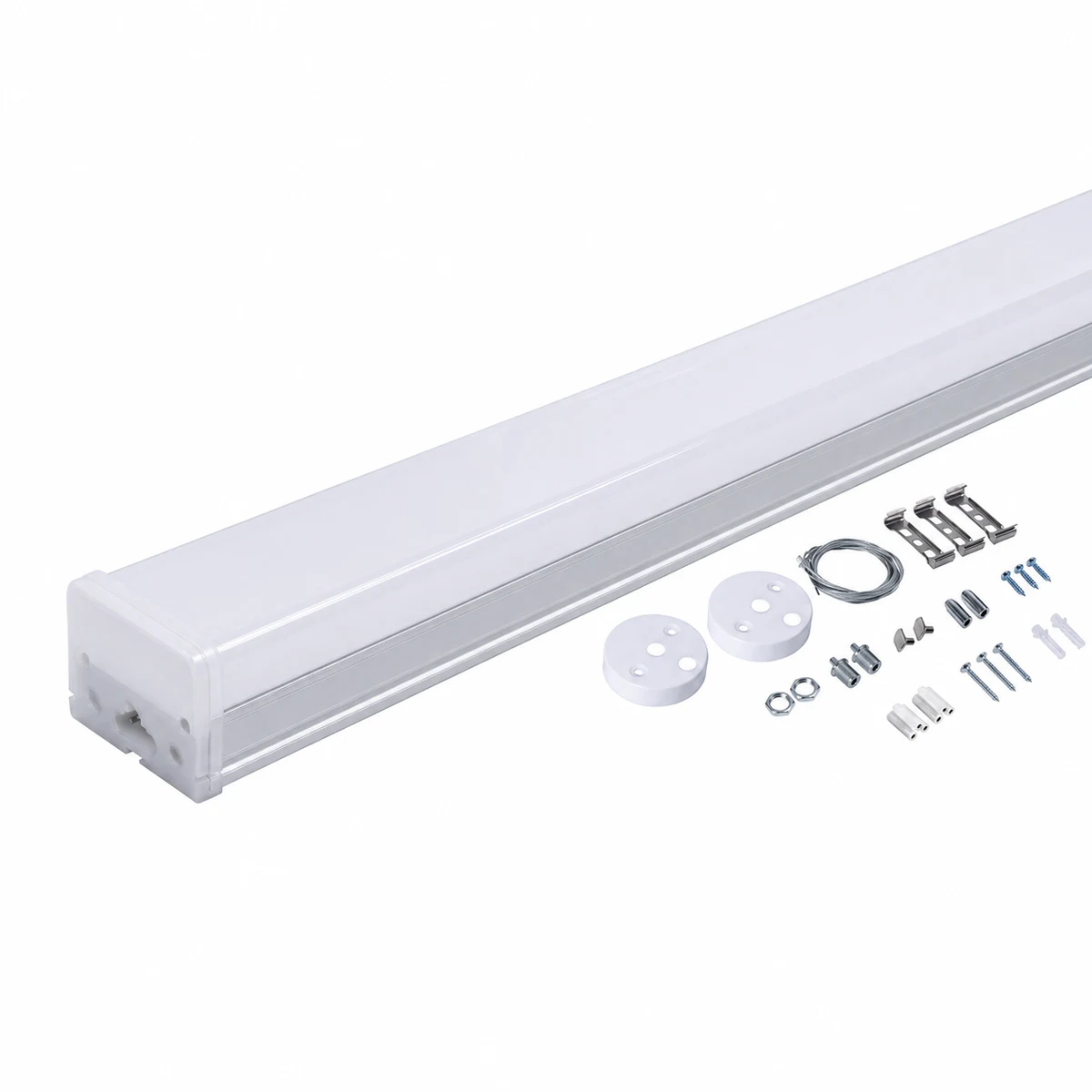 Connectable LED shop light with documented suspension and connection accessories