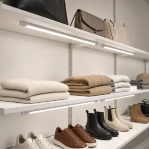 Connectable T5 integrated LED fixtures mounted beneath dry indoor retail shelves