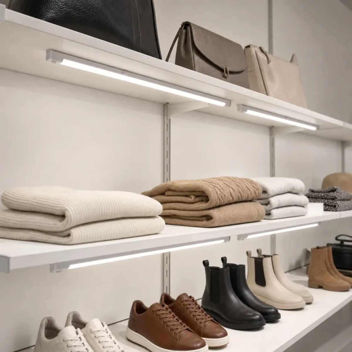 Connectable T5 integrated LED fixtures mounted beneath dry indoor retail shelves