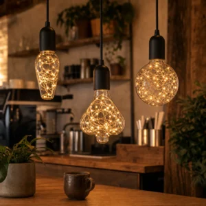 Three copper-wire decorative LED bulbs installed base-up in black pendant sockets inside a cafe