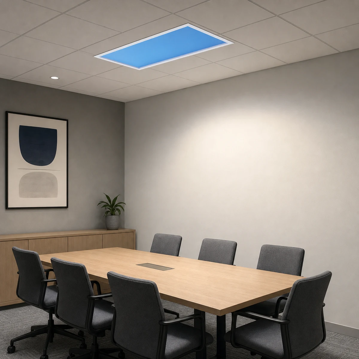 D Series rectangular artificial skylight recessed into a windowless meeting room ceiling