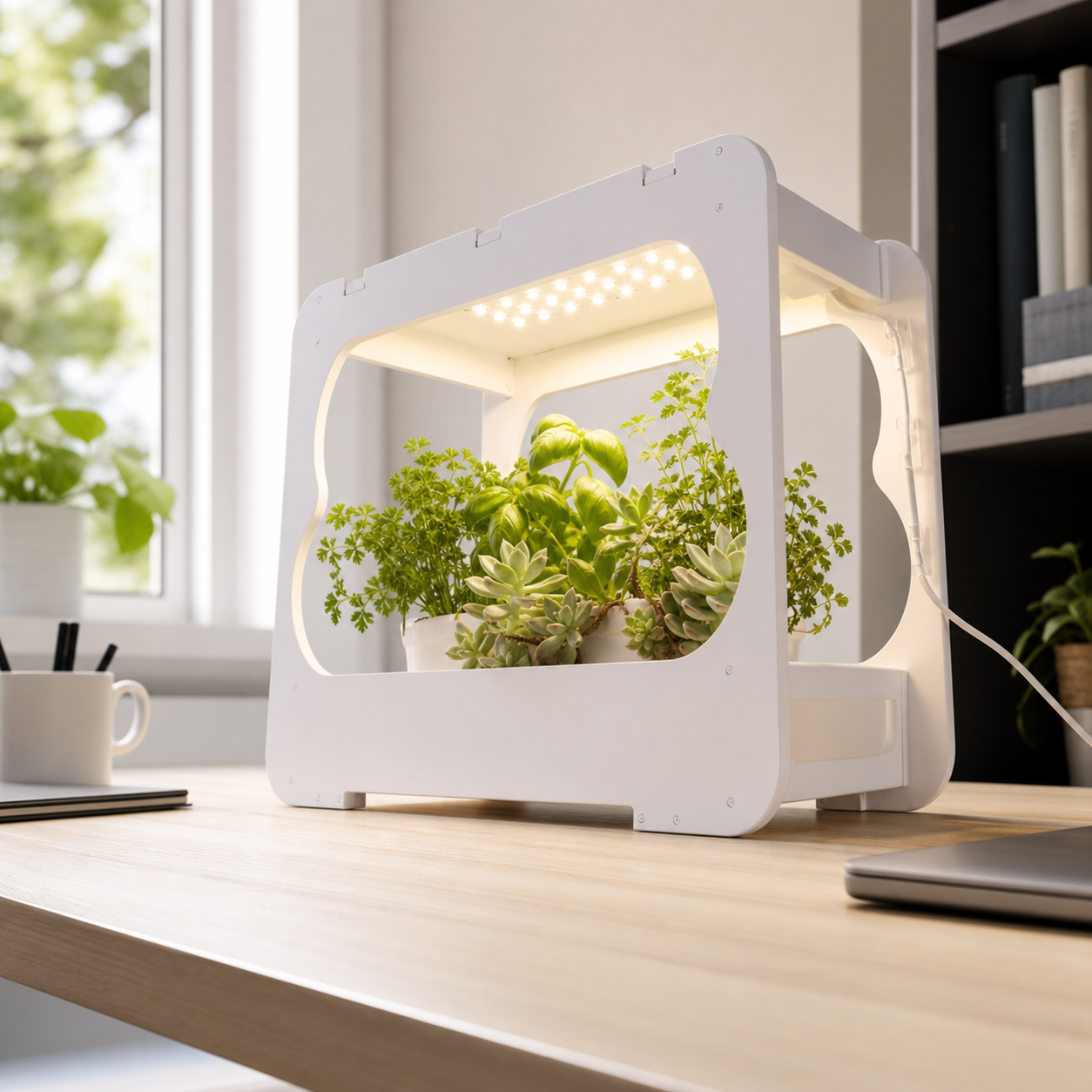 Desktop LED Growing Fixture in a realistic application setting