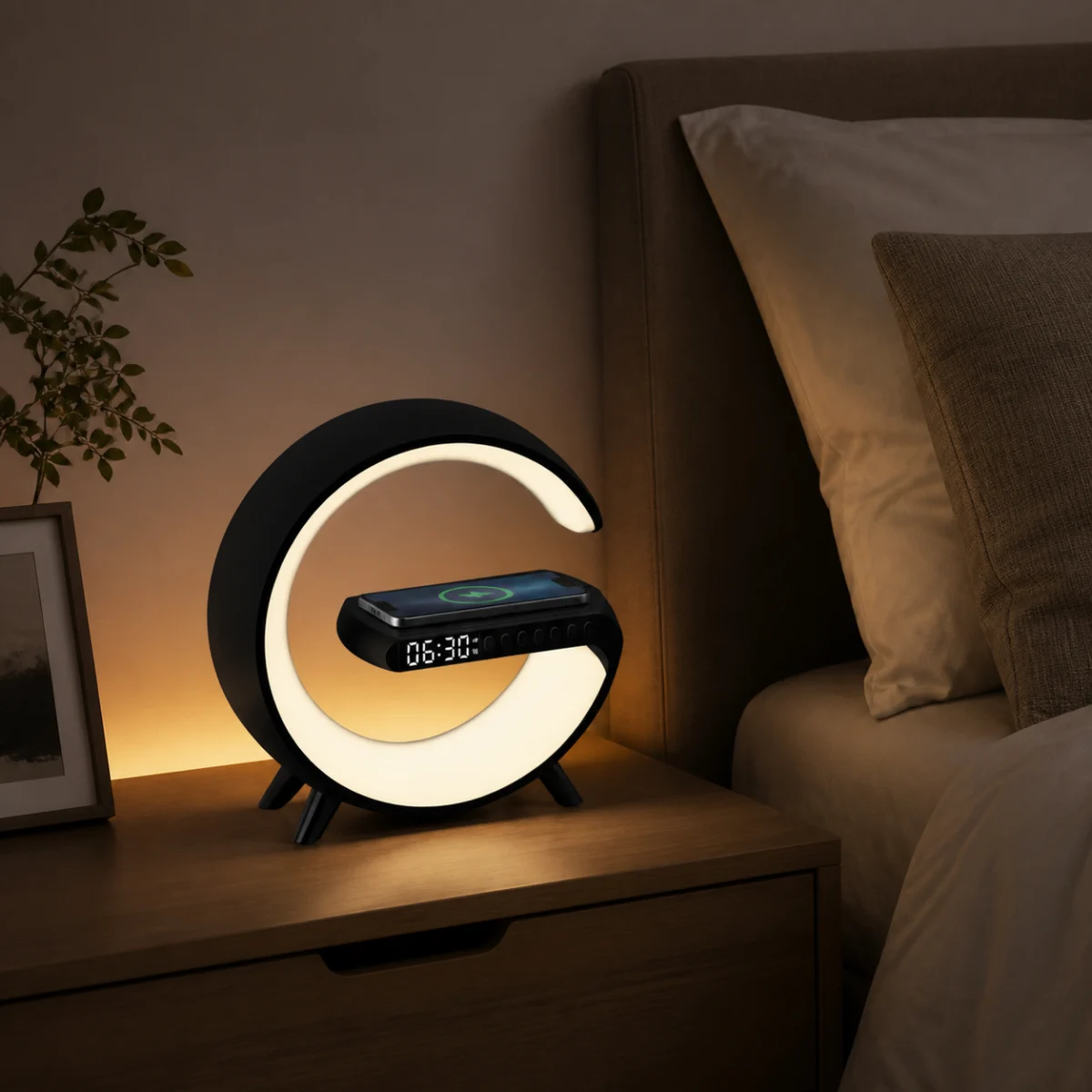 XGYILA-GLEG-E2 smart sunrise alarm lamp charging a phone on a nightstand