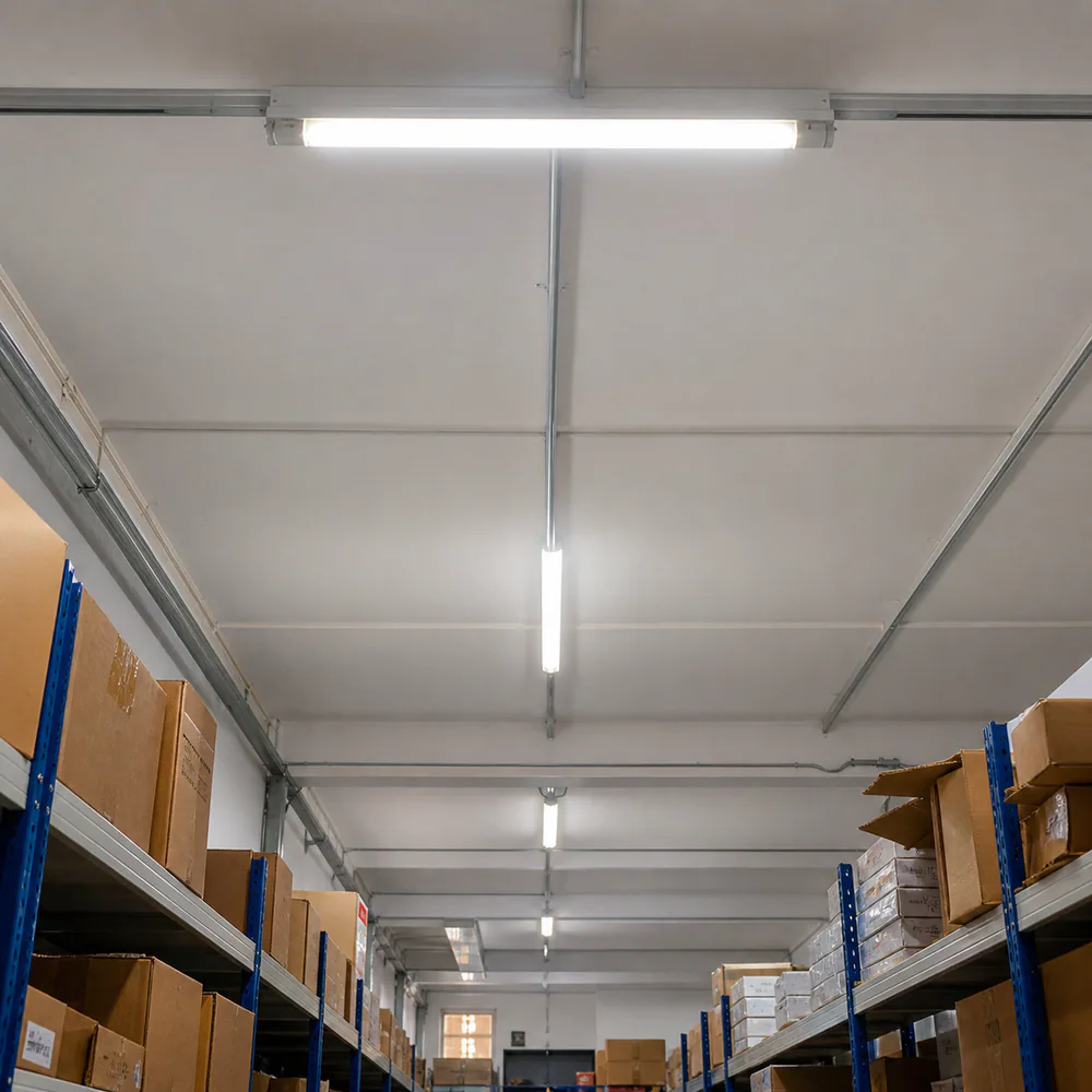 T8 LED glass tubes installed in protected linear fixtures above a warehouse aisle
