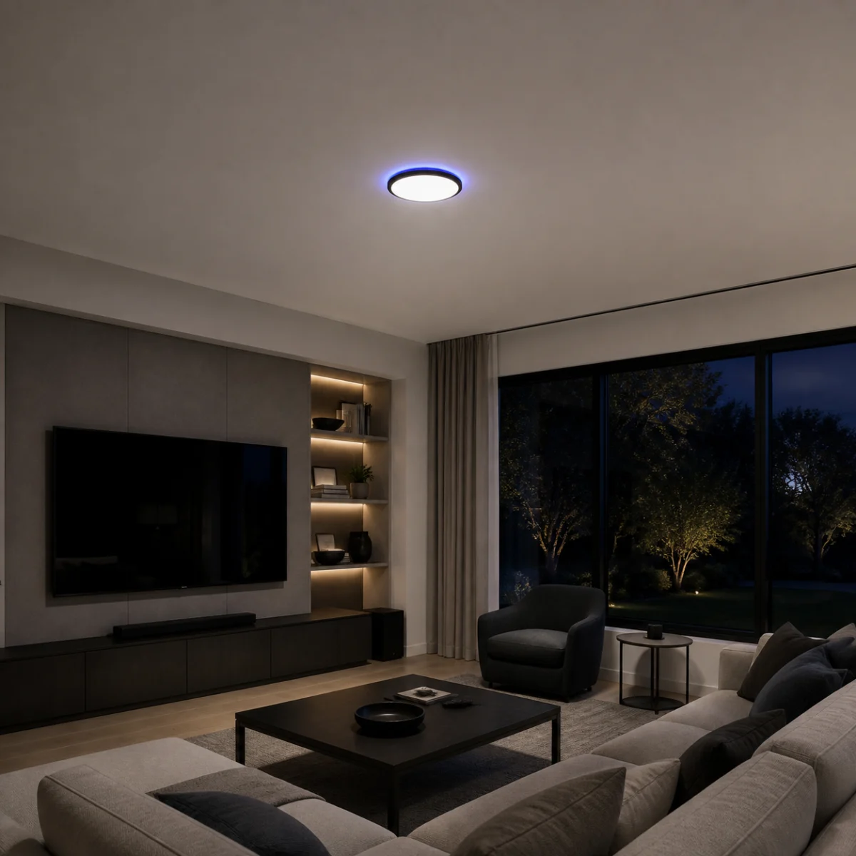 Edge RGB flush-mount ceiling light installed in a dry indoor media room with front white light and a restrained blue perimeter accent