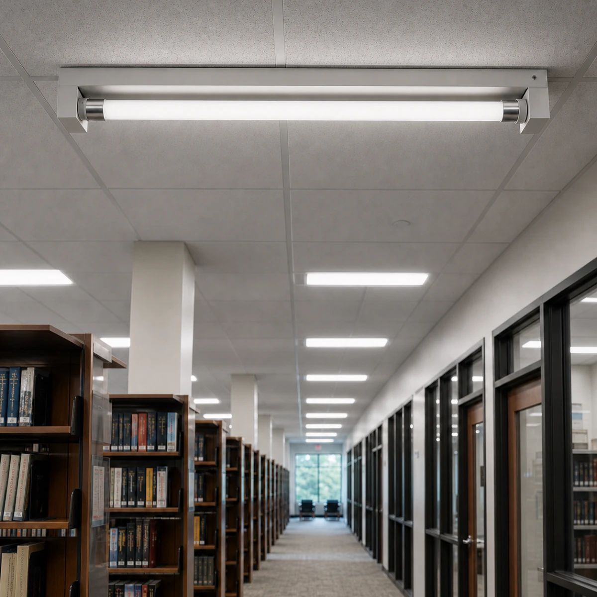 T5/T6 LED tube installed in a ceiling-mounted linear fixture in a library corridor