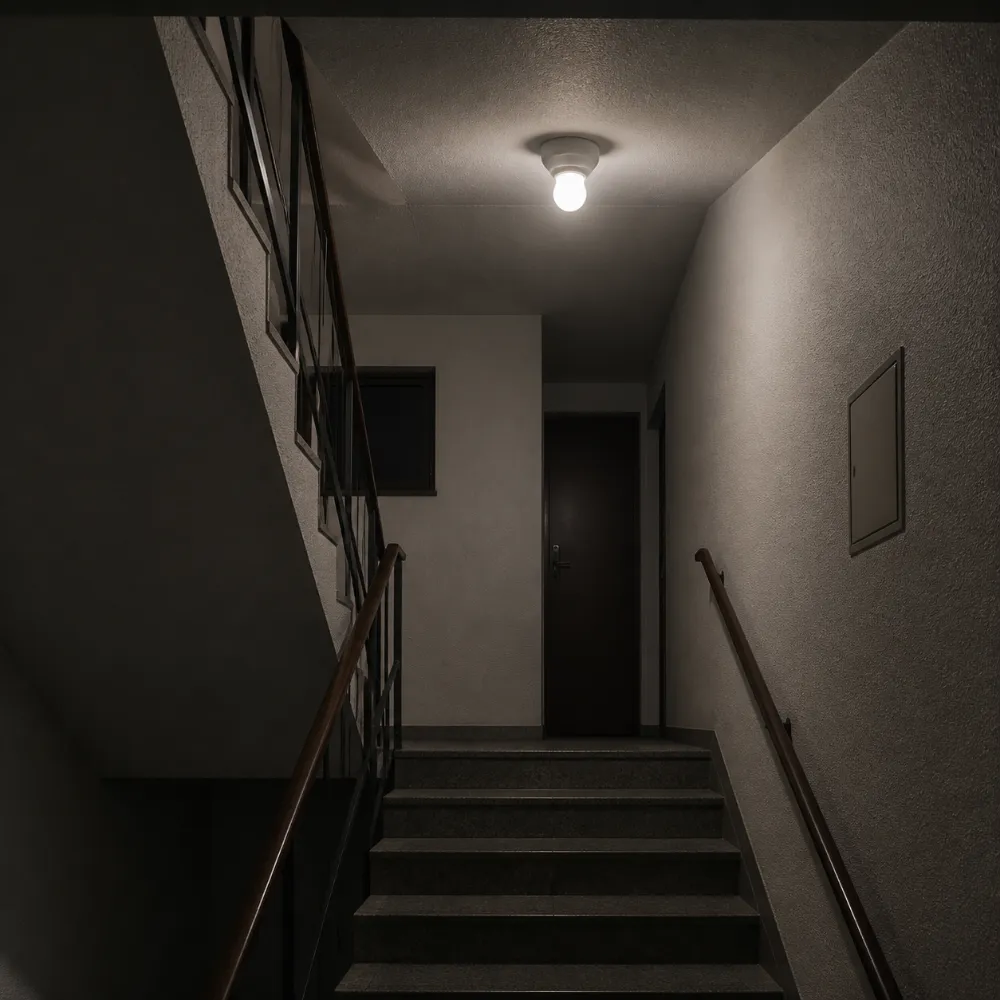 Emergency LED SMD bulb installed in an indoor stairwell ceiling holder