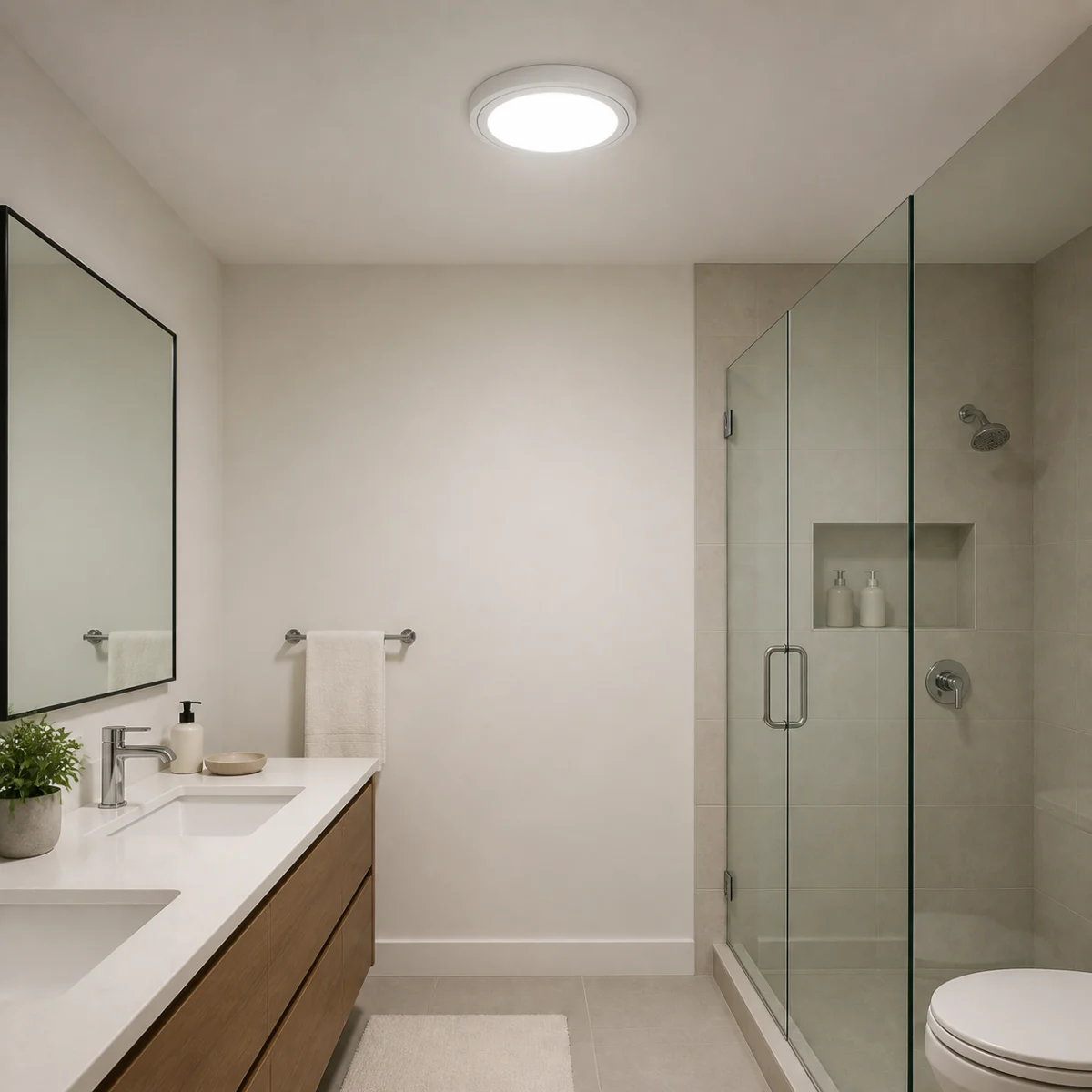 Face ring surface-mounted ceiling light installed in a residential bathroom