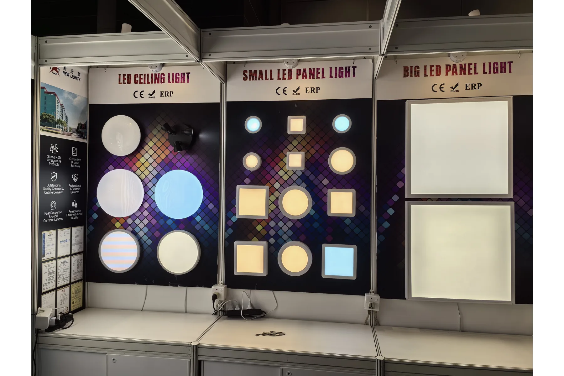 LED ceiling lights and panel lights displayed at the New Lights Hong Kong fair booth