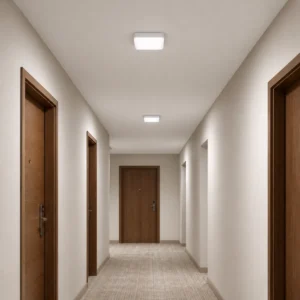 Square HY04 surface-mounted ceiling lights installed in an indoor hotel corridor
