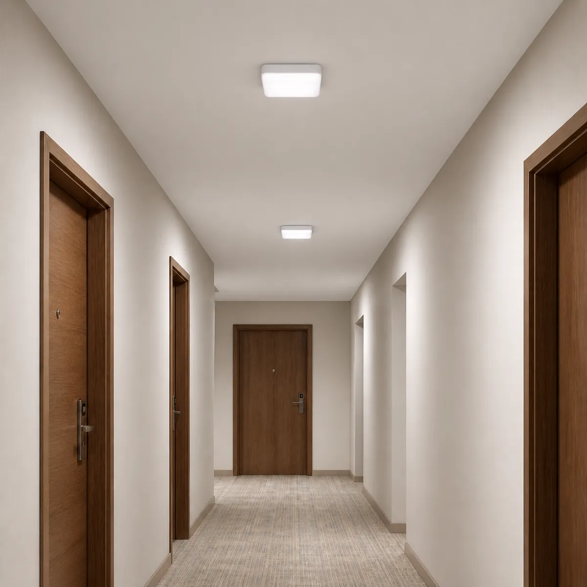 Square HY04 surface-mounted ceiling lights installed in an indoor hotel corridor