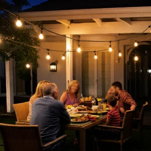 IP65 outdoor string light suspended above a patio dining area