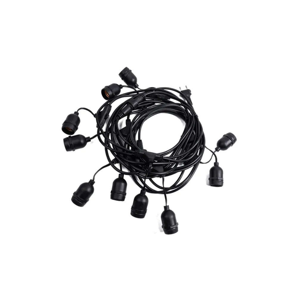 Black IP65 outdoor string light with replaceable E26 or E27 lamp holders