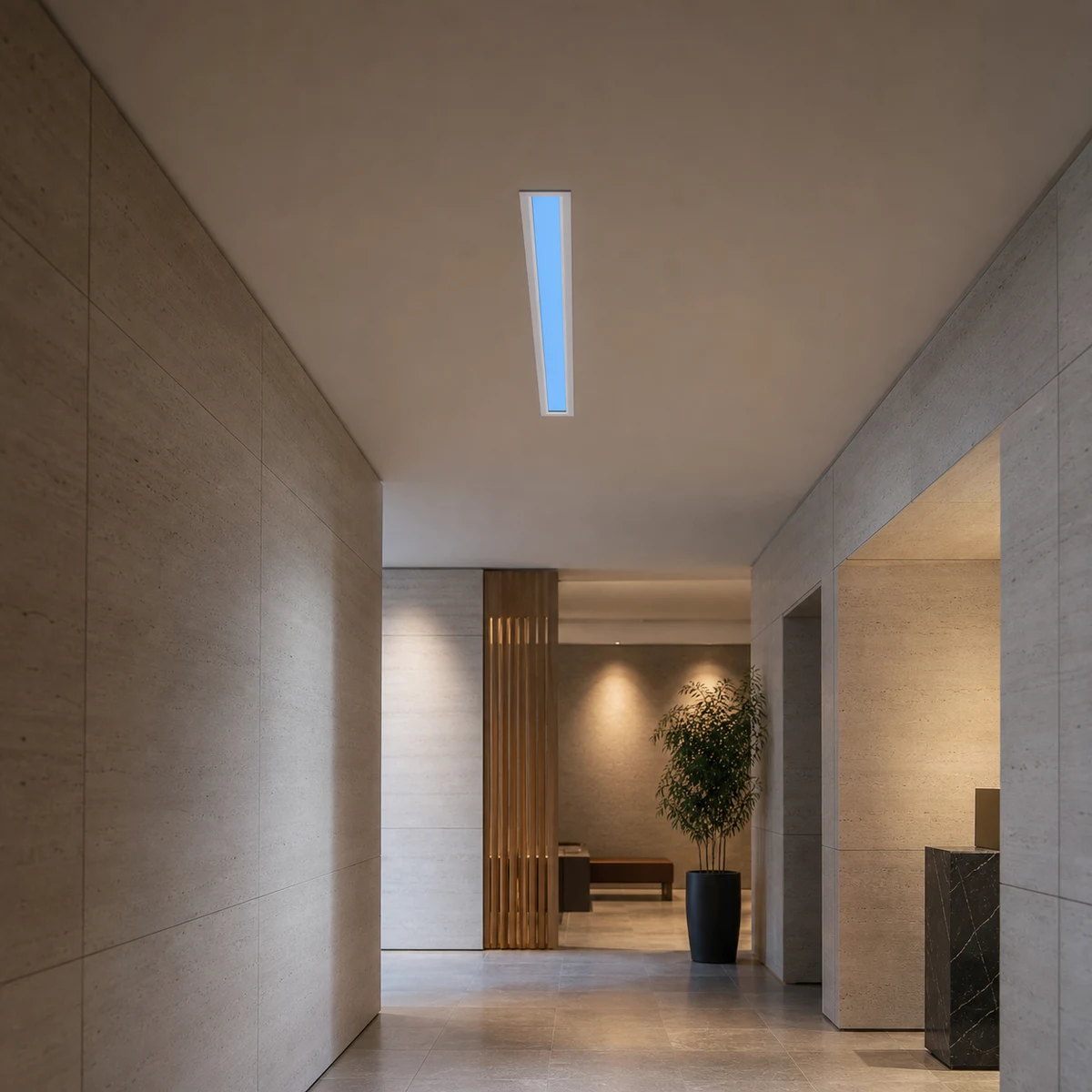 L Series linear artificial skylight recessed into a modern corridor ceiling