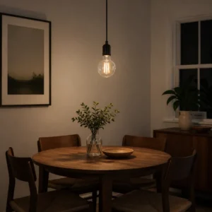 Clear LED filament bulb installed in an open dining pendant