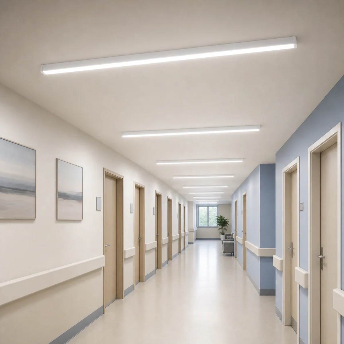 Surface-mounted LED purification fixtures installed along an indoor healthcare corridor
