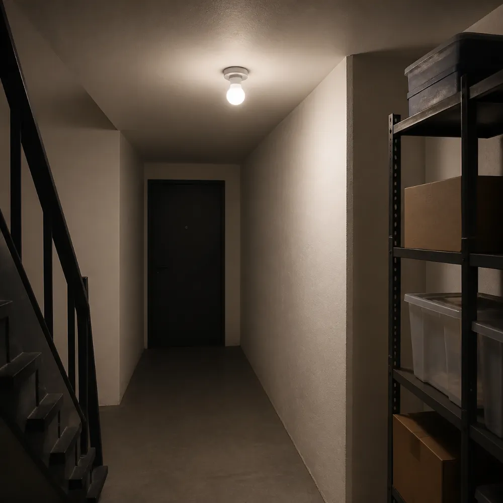 Microwave-sensor LED bulb installed in an indoor corridor by a stair landing