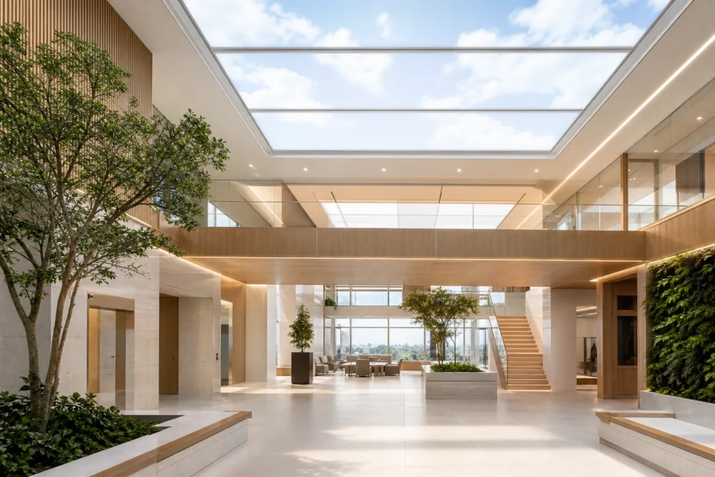 Artificial daylight system illuminating a modern biophilic interior