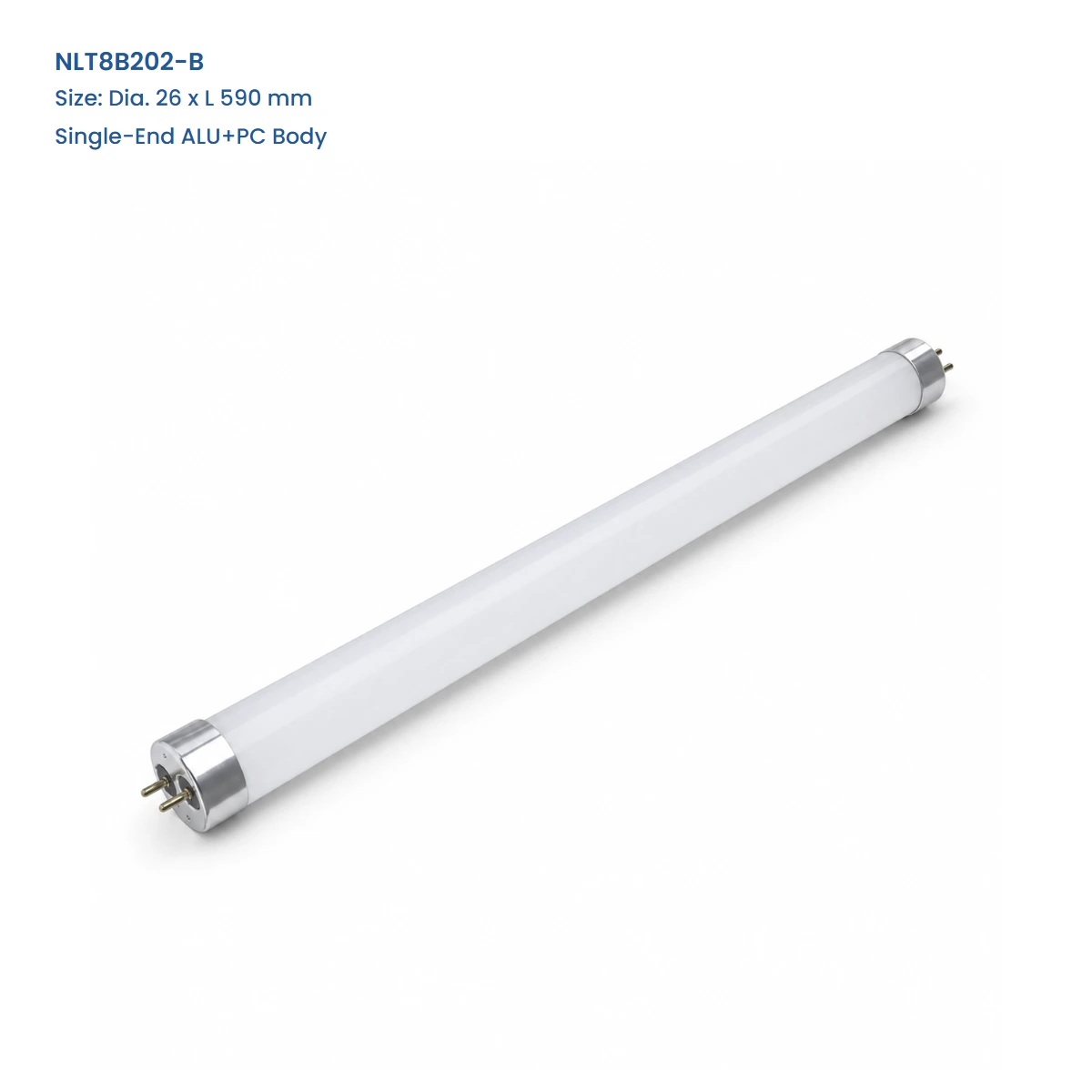 NLT8B202-B, Dia. 26 x L 590 mm, Single-End ALU+PC Body, complete T8 tube view