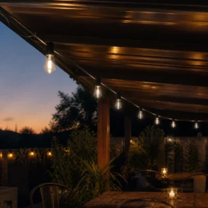 A60 string light bulbs hanging downward above a covered patio at dusk