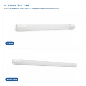 PC and nano T8 LED tubes with complete white G13 tube views