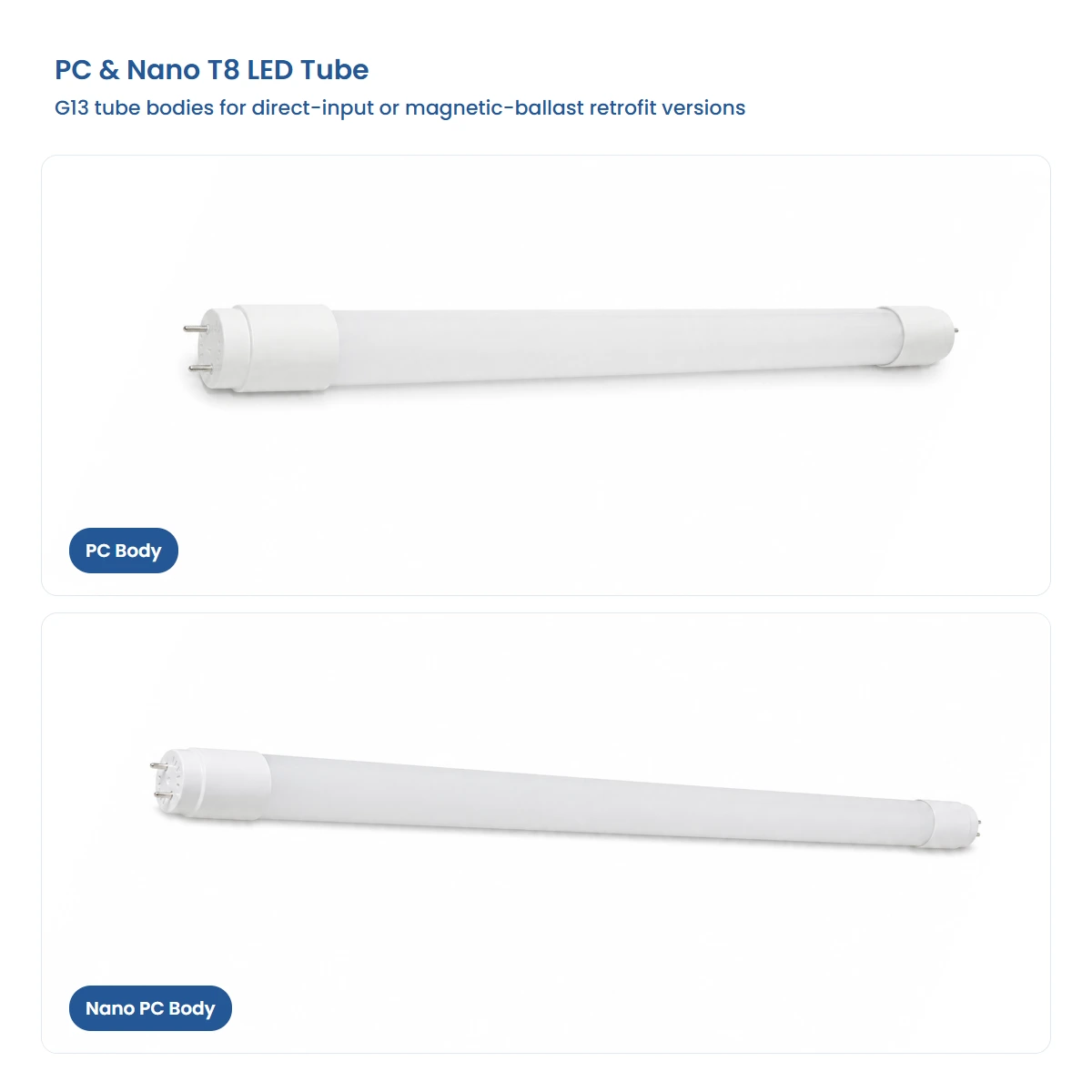 PC and nano T8 LED tubes with complete white G13 tube views