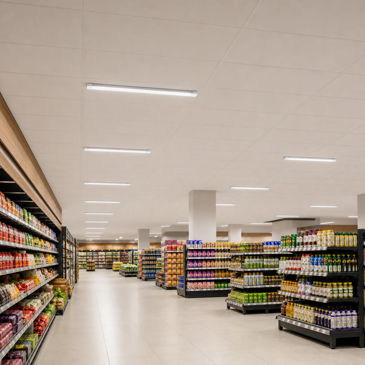 Surface-mounted prism lens LED linear battens installed above a dry indoor retail aisle