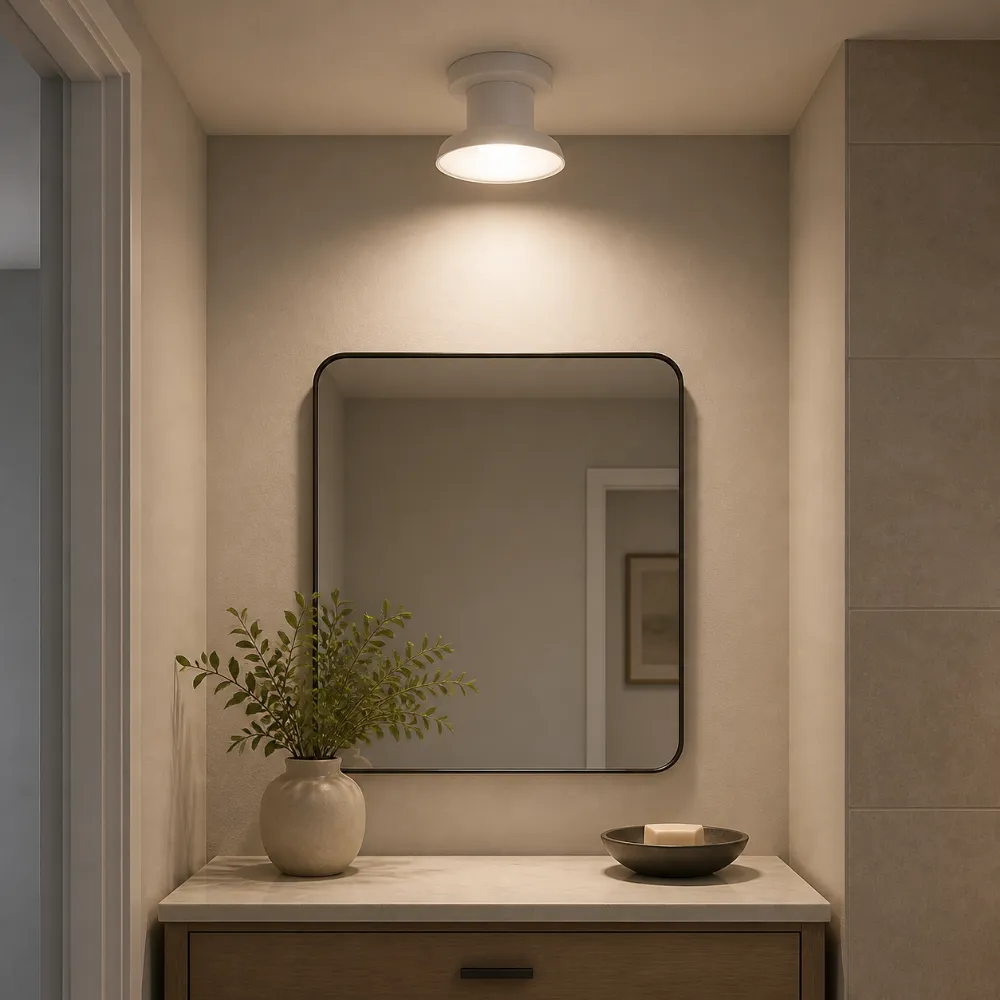 R Series LED SMD bulb used in an indoor ceiling fixture near a vanity