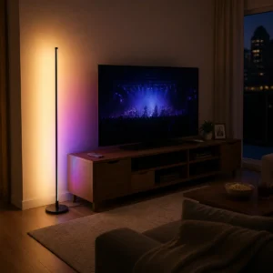 Remote-control RGB floor lamp beside a living-room television console
