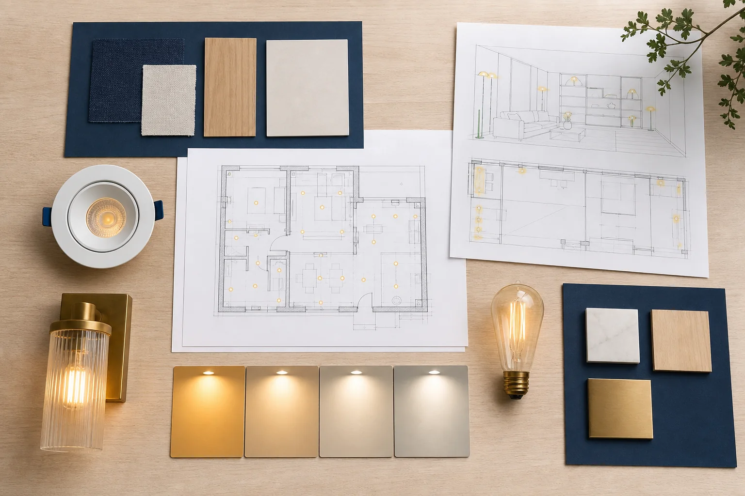 Residential lighting plan with fixture, finish and light appearance samples