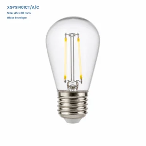 Single upright S14 glass bulb with downward screw base, exact family model label and catalog dimension.