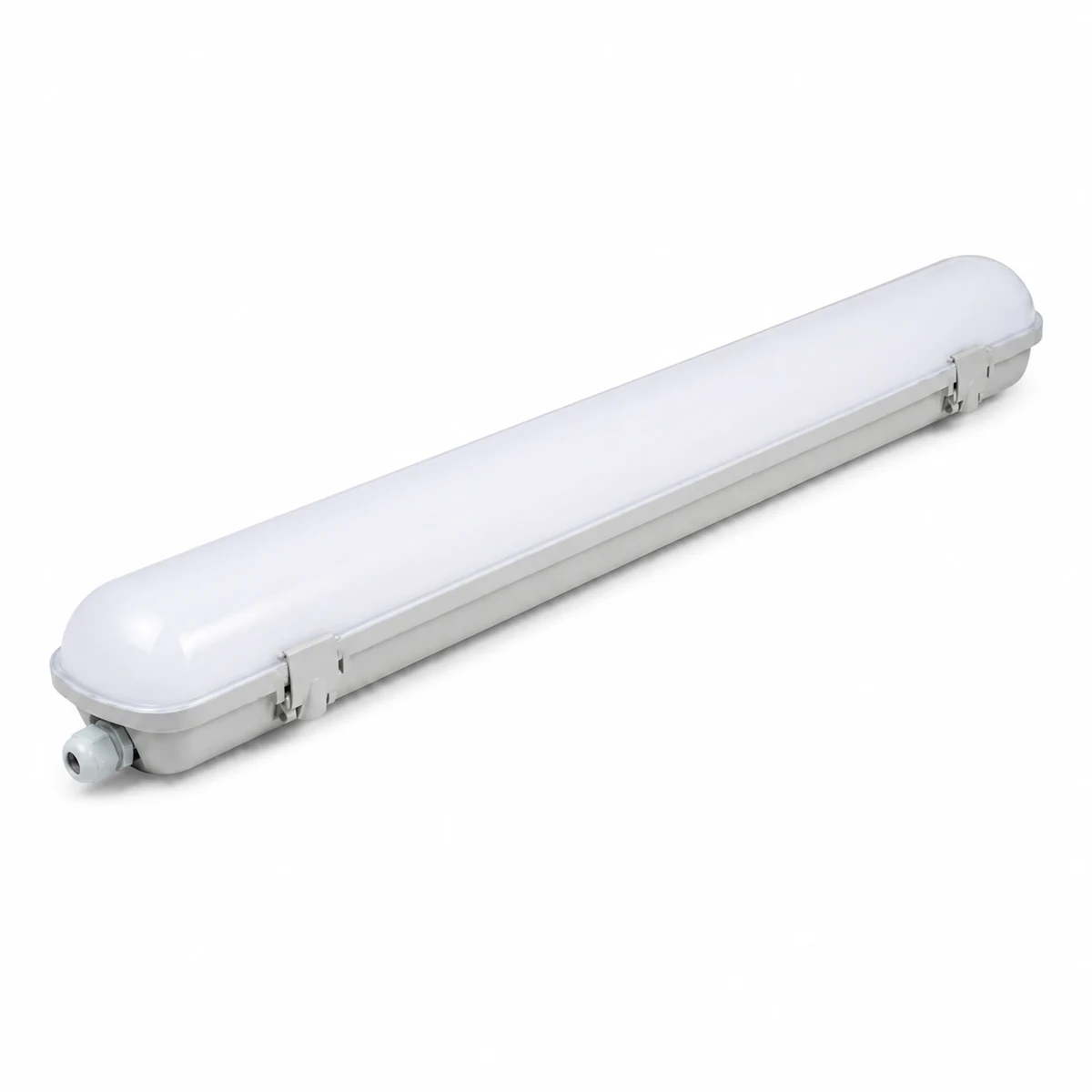 Integrated SMD LED tri-proof fixture with sealed white housing, opal diffuser, side clips and cable entry