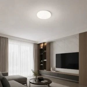 Patterned super-slim round LED ceiling light installed flush in a modern living room